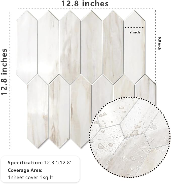 Vamos Tile 1 Sheet Glossy Wood Marble Grain Backsplash Tile Peel and Stick, 12.8 x 12.8 Inch Long Hexagon PVC Self Adhesive Mosaic Wall Tiles Stick on Backsplash for Kitchen,Bathroom,Fireplace
