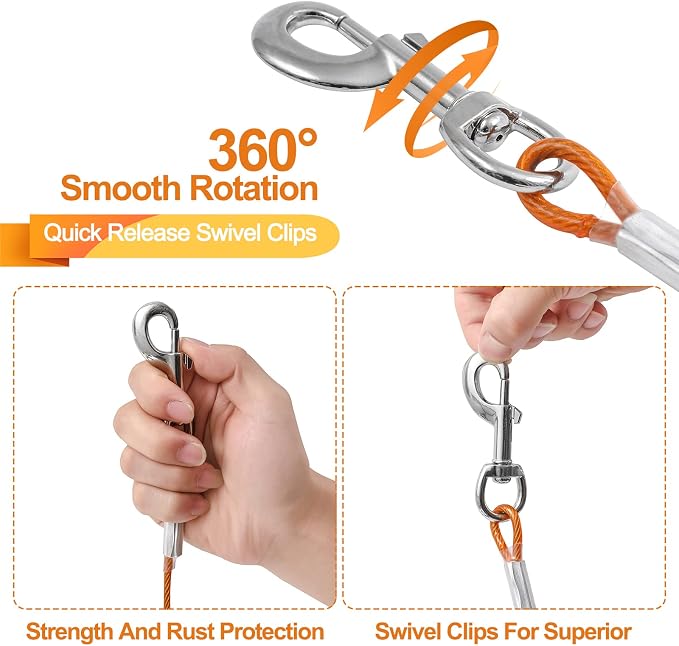 Tie Out Cable for Dogs,10/20/30/50/100FT Dog Leads for Yard Chew Proof,Heavy Duty Tie Out Cable for Large Dogs Up to 125lbs,Dog Runner Tether (Orange, 125Ibs 150ft)