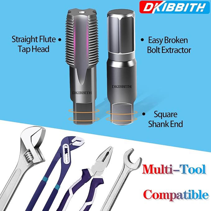 DKIBBITH 2-Piece Pipe Extractor and NPT Tap Set 1/2" - Heavy Duty Carbon Steel Tools for Removing Broken Threaded Pipes & Cutting Accurate NPT Threads - Plumbers Mechanics DIY with Storage Case.