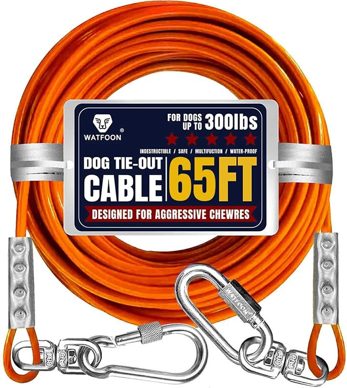Tie Out Cable for Dogs Up to 300lbs,100ft Extra Strong 1000lbs Break Strength Tie-Out Tether Trolley Training Lead,Dog Run Cable for Yard Garden Park Camping Outside (Orange, 300lbs 65ft)