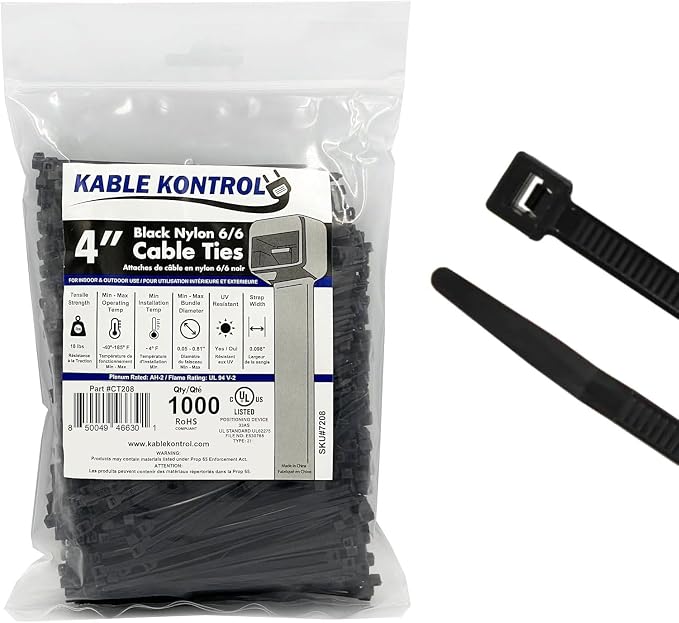 Kable Kontrol Cable Zip Ties 1000 Pcs 4 Inch Black, 18 Lbs Tensile Strength, Self-locking UV Resistant Plastic Nylon Wire Ties, for Indoor or Outdoor Use