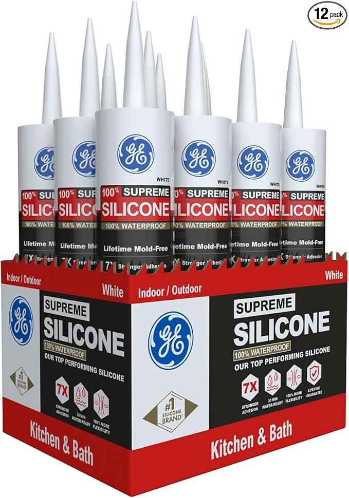 GE Supreme Silicone Caulk for Kitchen & Bathroom, White, 10 fl oz Cartridge, 12 Pack - 100% Waterproof Silicone Sealant, 7X Stronger Adhesion, Shrink & Crack Proof