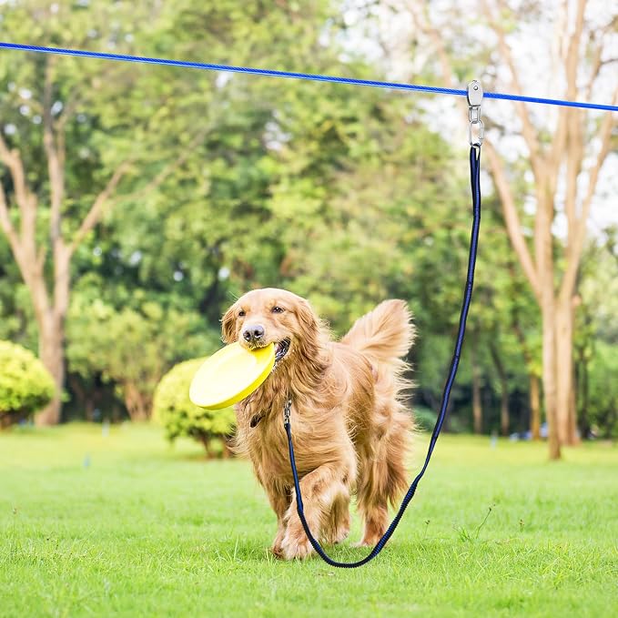 XiaZ Dog Tie Out Cable, 120ft Trolley Runner Cable for Dogs up to 250lbs, Dog Lead for Yard, Camping, Outdoor, with 8 Ft Nylon Bungee Runner, Cable Sling to Protect Trees,Blue