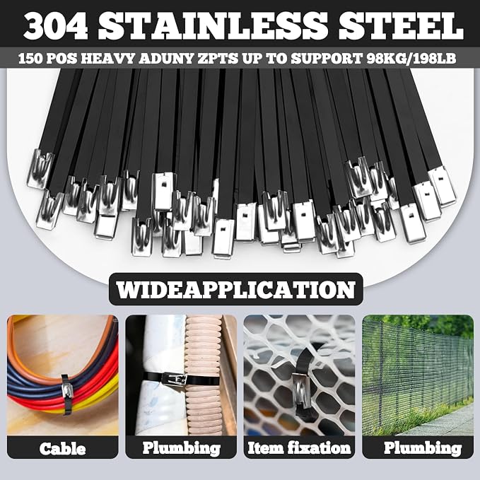 157PCS Heavy Duty 304 Stainless Steel Cable Tie Gun Kit, Includes 150PCS Metal Zip Ties(3 Sizes), Self-Locking, UV & Corrosion Resistant, for Fence, Exhaust Pipe, Chicken Coop, Farm Use