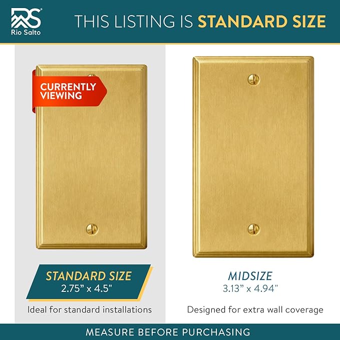 Rio Salto BRASS Deco Collection Brushed Brass Blank Wall Plates Single Gang Light Switch Plate Cover for Unused Outlets 4.5" X 2.75" Decorative Luxury Premium Wall Plate - Standard Size