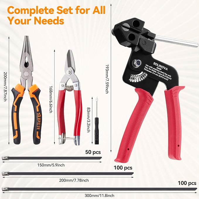 Metal Zip Ties Gun Tool Set,Upgraded Stainless Steel Cable Tie Gun with 200pcs Uv Resistant Black Heavy Steel Cable Tie Heavy Duty Outdoor for Fastening & Cutting, Chain Link Fence, Exhaust Pipe