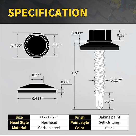 Metal Roofing Screws #12 x 1-1/2", 300 PCS, FIXLINK Baking Paint Hex Head Rubber Washer Sheet Metal Roof Screws Self Drilling Metal to Wood Siding Screws, Hex Socket Included, Black