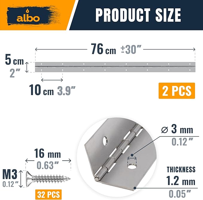 ALBO 30 Inch Silver Heavy Duty Piano Hinge Continuous Stainless Steel 304 (2-Pack), Surface Mount Cabinet Hinges Silver 30"x2" for Large Cabinet, Industrial Storage & Equipment Door, Commercial