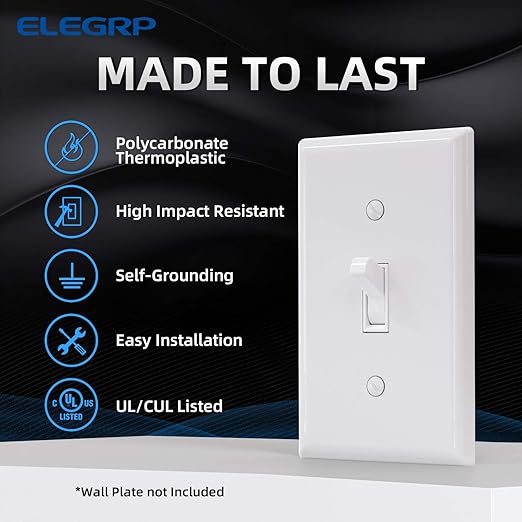 ELEGRP 4 Way Toggle Light Switch, 15 Amp, 120-277V, Toggle Framed AC Quiet Switch, in Wall On/Off, Self-Grounding, Residential and Commercial Grade, UL Listed (5 Pack, Glossy White)