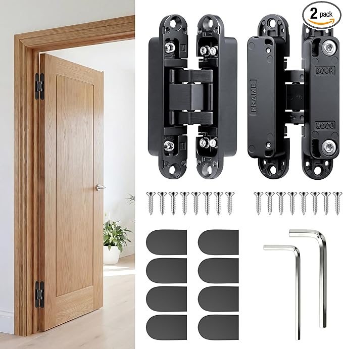 4.5" Hidden Door Hinges, Invisible Concealed Hinges, 180° Swing Adjustable Butt Hinge, Silent Operation, Ideal for Secret Rooms, Bookcase Doors & More (Black, 2 Pack)