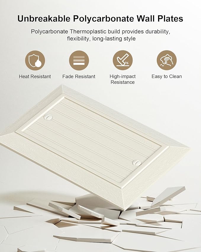 2-Pack Classic Beadboard Single Blank Wall Plate, Unbreakable Polycarbonate Wall Plate Cover, Light Almond 1 Gang Wall Plate for Unused Outlets/Switches