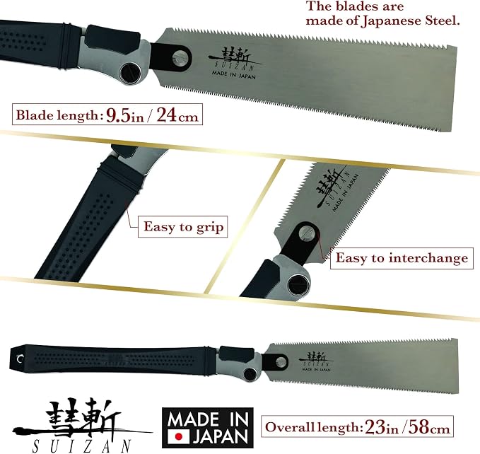 SUIZAN Folding Ryoba Double Edge Saw 9.5" - Japanese Pullsaw Hand Saws | Professional Pull Saw for Woodworking Furniture Making Carpentry Joinery DIY Tools Sharp Replaceable Blade Rip Crosscut