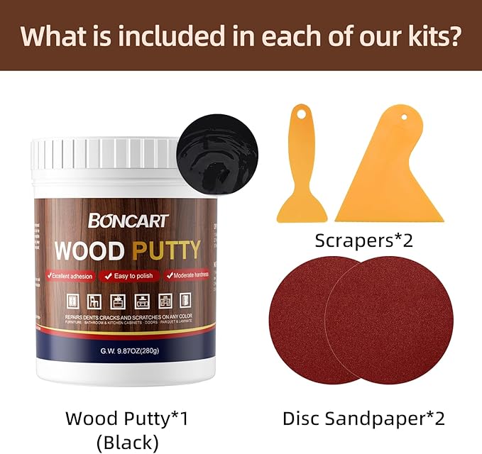 Boncart Black Wood Filler,Black Wood Putty,Wood Filler Putty,Wood Filler Paintable,Wood Furniture Repair Kit,Quickly Repair Any Broken and Defective Wooden Furniture