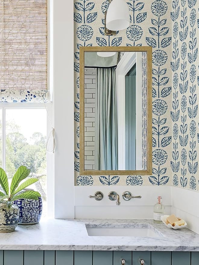 Wudnaye Blue Floral Peel and Stick Wallpaper Blue and White Contact Paper 17.7in×196.8in Vintage Floral Self Adhesive Wallpaper Navy Removable Tulip Wall Paper Waterproof for Bathroom Farmhouse Decor