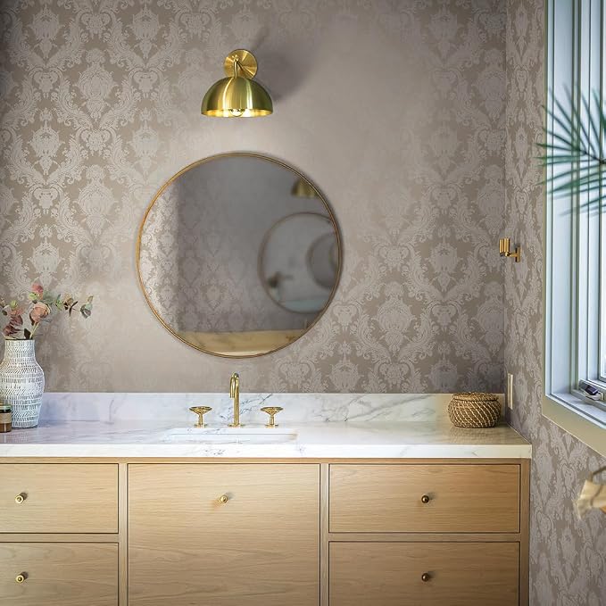 Tempaper Textured Beige Damsel Removable Peel and Stick Damask Wallpaper, 20.5 in X 16.5 ft, Made in the USA