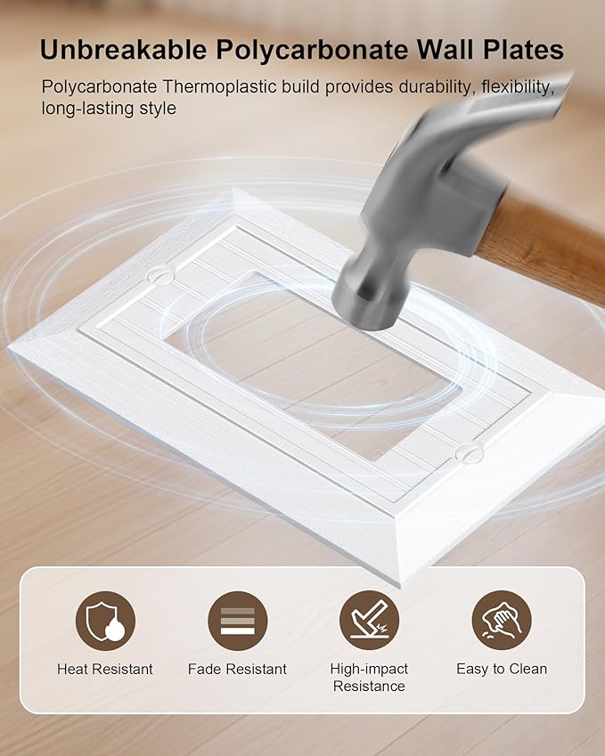 6-Pack Classic Beadboard Decorator Wall Plate Cover, Pure White Decorative Switch Plates and Outlet Covers, Durable Unbreakable Polycarbonate Wall Plates for Electrical Outlet, Receptacle, GFCI Outlet