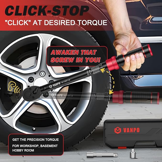 VANPO 1/2 Inch Drive Torque Wrench for Lug Nuts & Automotive, 10-170 Ft-Lb | Click Type, ±3% Accuracy,72-Tooth Dual-direction Ratchet, Dual Scale, for Tire, Car & Motorcycle Repair
