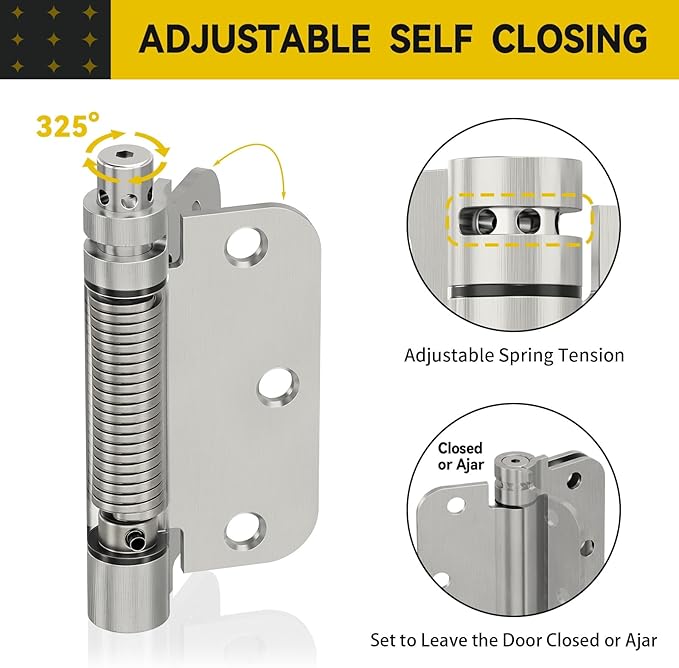 2 Pack Self Closing Door Hinges, 3.5 Inch Spring Loaded Door Hinges for Garage, Front, Back Door, Left/Right Hand, Adjustable Tension, 5/8'' Radius Corners, UL Listed, Brushed Nickel