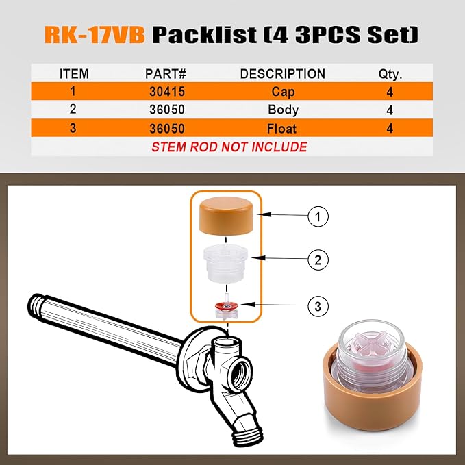 RK-17VB Outdoor Faucet Repair Kit for Woodford Model 17 Outside Faucets Vacuum Breaker Float Kit Include Caps Bodies Floats, 12PCS Set