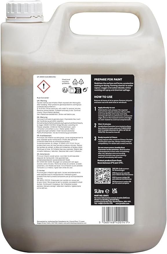 JENOLITE Rust Converter for Metal 5 L (1.32 Gallons). All In One Fast‑Acting Water‑Based Rust Reformer, Inhibitor & Primer. Converts Rust to a Paint Ready Surface. Made in Britain.