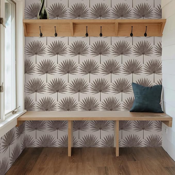 Tempaper Dark Cocoa & Cream Stamped Palm Removable Peel and Stick Boho Wallpaper, 20.5 in X 16.5 ft, Made in The USA