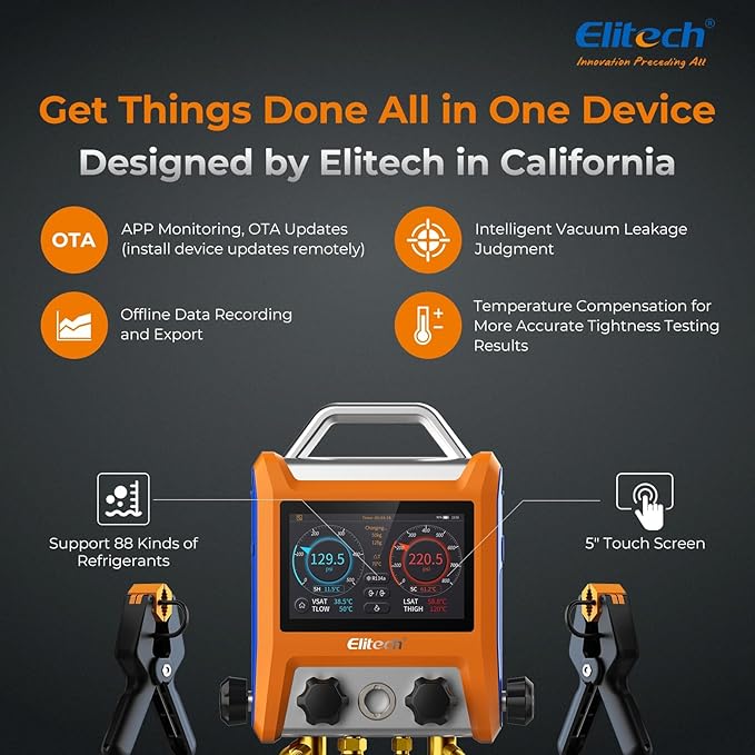 Elitech Digital 4 Valve Manifold Gauge HVAC with Refrigerant Hoses, Vacuum Micron Gauge, Thermometer Clamps, OTA Upgrade, Wireless APP Control, EMG-40VPro