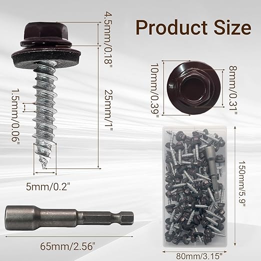 Biaungdo 60 Pack Metal Roofing Screws #10 × 1 Inch, Hex Head Sheet Roof Screws with EPDM Washers with 8mm Hex Socket, Self Starting Metal to Wood Siding Screws, Brown