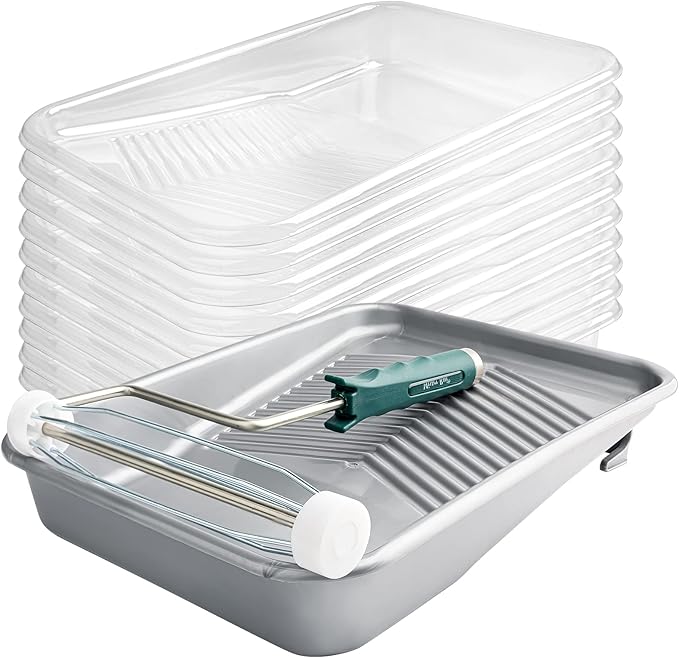 Mister Rui 12 Pack 9 Inch Disposable Paint Tray with Liner and 5 Wire Roller Frame, Plastic Washable and Reusable, Textured Deep Capacity Paint Tray