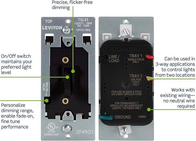 Leviton Toggle Slide LED Advanced Dimmer Switch for 150W Dimmable LED, Halogen and Incandescent Bulbs and Fixtures, TSL01-10E, Black