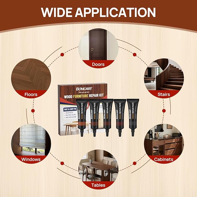 Boncart Wood Furniture Repair Kit, Wood Touch up Fillers, Repair Scratches, Cracks, Paint Chips, and Nail Holes on Furniture, Floors, Doors, Cabinets, and Tables (5 Dark Colors)