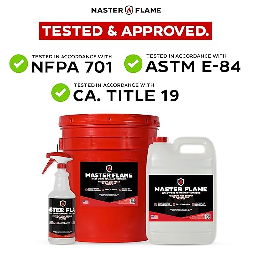 Master Flame Class A Fire Retardant Spray for Wood, Fabric, Cotton & More - Non-Toxic Flame Retardant Coating - Meets NFPA 701 & ASTM E84 - Made in USA - Easy to Apply and Dries Clear - 1 Gallon