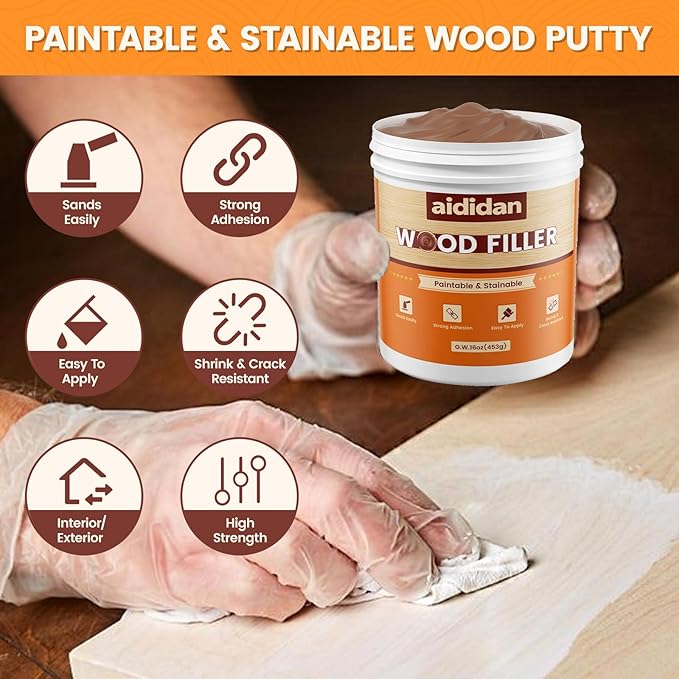 Wood Filler, Wood Repair Kit,16 Ounce Paintable & Stainable Wood Putty Filler, Wood Scratch Cracks Holes Repair Furniture, Exterior Wood Filler Water Resistant, Wood Putty,16oz, Walnut