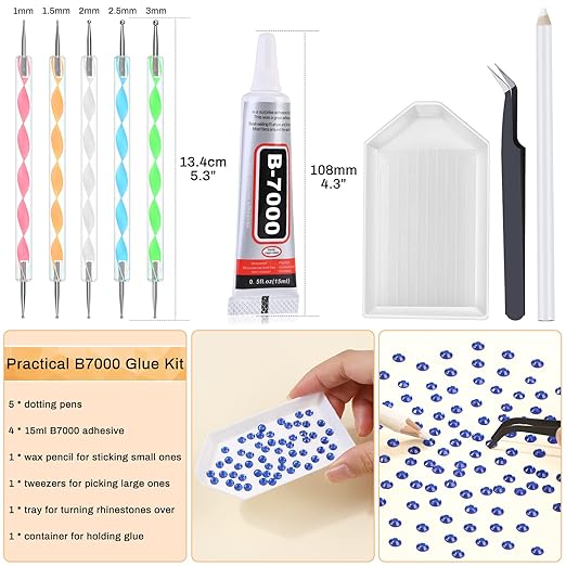 B7000 Glue with Rhinestone Applicator Kit, Clear B-7000 Glue with Precision Tip Art Dotting Stylus Pens Super Glue Adhesive for Phones Repair Jewelry Bead Nail Crafts DIY (4 PCS, 15 ML/ 0.5 oz)