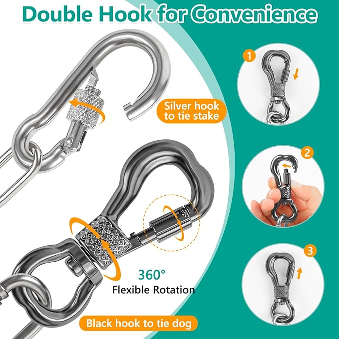 Tresbro Heavy Duty Dog Chains for Outside, 25FT Stainless Steel Tie Out Cable with Swivel Hook for Small Medium Dogs, Metal Chew Proof Pet Runner Chain Leash Lead for Outdoor Camping Hiking Yard, 4MM