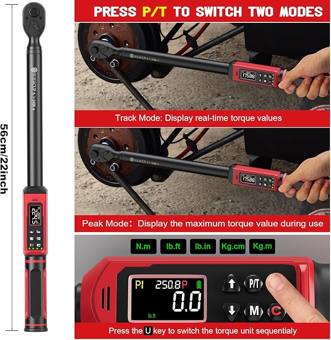 1/2-Inch Drive Digital Torque Wrench, 3.8-250.8Ft.Lb, for Lug Nuts | Electronic Torque Wrench, 5.1-340Nm, ±1% Accuracy, Vibration/Buzzer/LED, 9 Presets & 5 Units, for Suspension & Truck Repair
