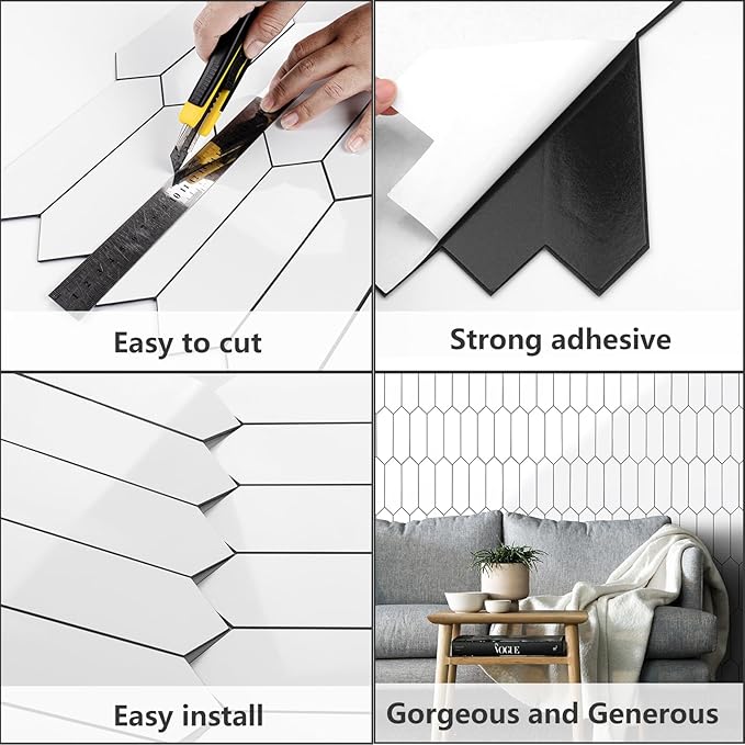 Vamos Tile Glossy White Backsplash Tile Peel and Stick, 12.8 x 12.8 Inch 10 Sheets Long Hexagon PVC Self Adhesive Mosaic Wall Tiles Stick on Backsplash for Kitchen and Bathroom