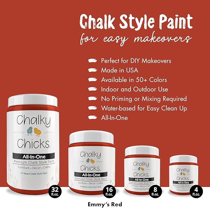 Chalky Chicks 4 Fl Oz Matte Emmy's Red (Orange Red) Chalk Paint for Furniture Without Sanding - No Prep Furniture Paint No Sanding All in One for Crafts, Walls, Cabinet, Metal, Dresser, Farmhouse