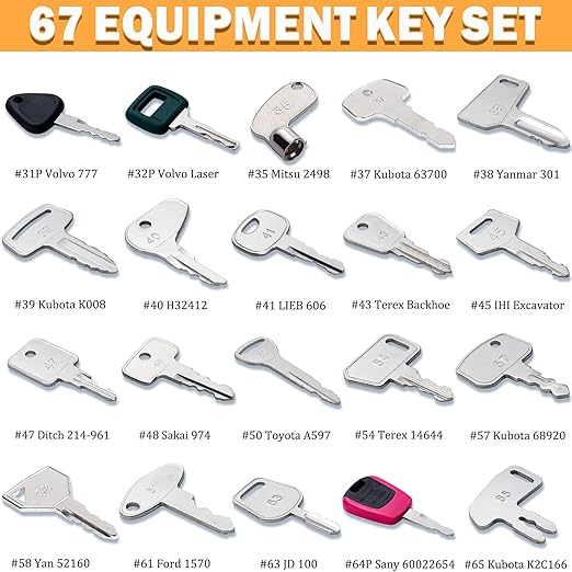 67 Heavy Equipment Master Keys Constrtution Machinery Operator Key for CAT John Deere CaterpillarToyota Volvo JCB Massey Ferguson JLG Genie Vermeer Terex Skyjack Hyster, Forklifts and Excavator