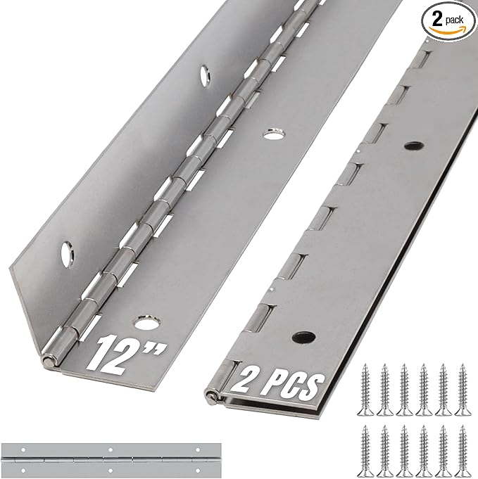 ALBO 12 Inch Silver Heavy Duty Piano Hinge Continuous Stainless Steel 304 (2-Pack), Surface Mount Cabinet Hinges Silver 12"x2" for Tool Box, Small Chest, Jewelry Box & Display Case, Rustproof Hardware
