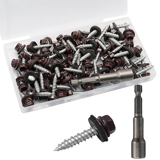 Biaungdo 60 Pack Metal Roofing Screws #10 × 1 Inch, Hex Head Sheet Roof Screws with EPDM Washers with 8mm Hex Socket, Self Starting Metal to Wood Siding Screws, Brown