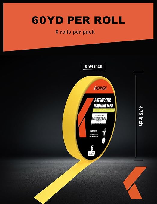 KREFINISH Painters Tape for Cars Vehicles Paint Tape Auto Body Yellow Masking Tape Heat Resistant Automotive Removable No Residue Painting Tape Bulk Set for Paint Booth, 0.94in-60 yards/6rolls
