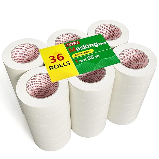 SWRT Masking Tape 1 Inch Wide x 55 Yards, 36 Rolls (1980 Total Yards), Bulk Painters Tape for Painting, Labeling & General Purpose, Clean Removal, Easy Tear, Multi-Surface