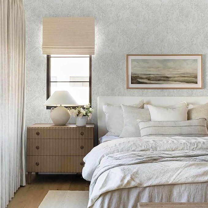 Ismoon Floral Peel and Stick Wallpaper Grey Contact Paper Boho Watercolor Damask Wallpaper Vintage Textured Removable Self Adhesive Vinyl Wall Paper Renter Friendly, 17.3inX49ft