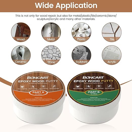Boncart Epoxy Wood Putty, High Strength Filler Putty, Stainable 2-Part Epoxy Filler, 21.16 oz Structural Wood Repair Kit, Wooden Furniture Repair Kit for Damages (White)
