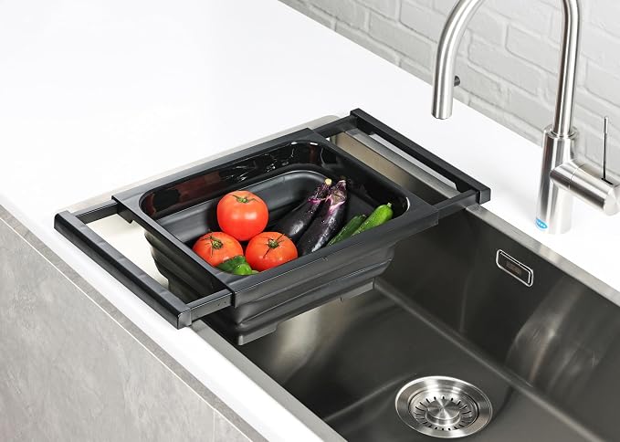 BLKP. Pearl Metal Sink, Sliding, Foldable, Includes Drain Stop, Compact, Storage, Made in Japan, Black