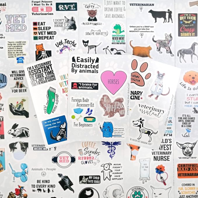 BulbaCraft 100Pcs Funny Veterinary Stickers and Laptop Decals, Vet Stickers, Veterinarian Decals, Funny Veterinary Gifts, Gifts for Women & Men