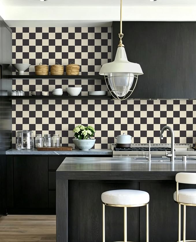 Yasinet Checkered Wallpaper Black and White Cream Peel and Stick Wallpaper Plaid Retro Contact Paper Bedroom Removable Self Adhesive Wall Paper Waterproof Bathroom Vinyl 17.3" × 393.7“