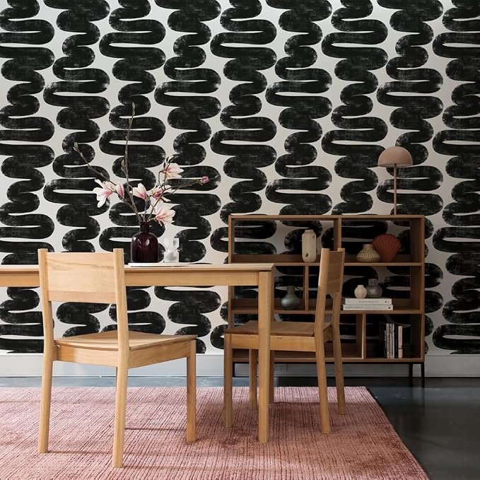 Tempaper x Bobby Berk White & Black Wiggle Room Removable Peel and Stick Wallpaper, 20.5 in X 33 ft, Made in The USA