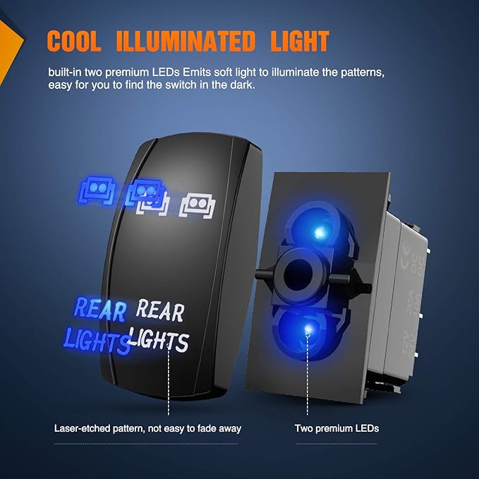 Nilight NI-RS05 LED Light Bar Rocker Switch 5Pin Laser On/Off Rear Lights Rocker Switch 20A/12V 10A/24V Switch Jumper Wires Set,2 years Warranty , Blue