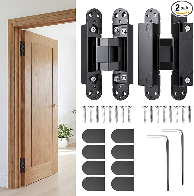 6.5" Hidden Door Hinges, Invisible Concealed Hinges, 180° Swing Adjustable Butt Hinge, Silent Operation, Ideal for Secret Rooms, Bookcase Doors & More (Black, 2 Pack)